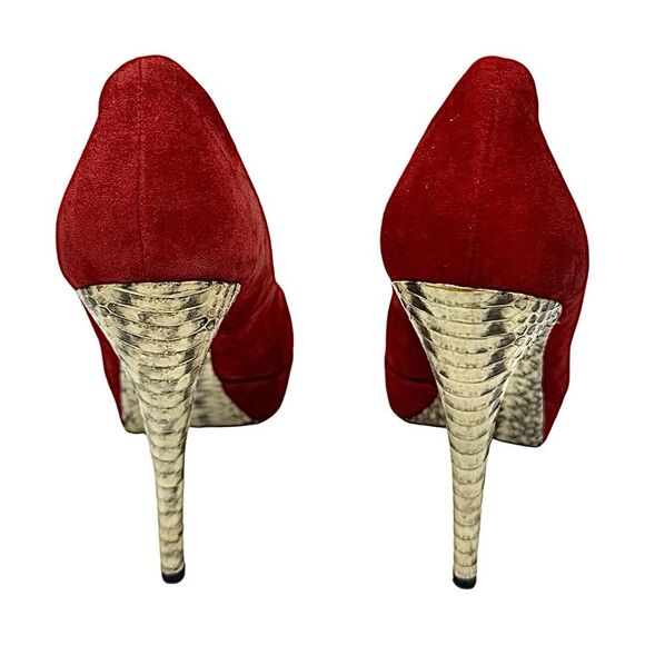Michael Kors Red Suede 5” Platform Animal Print Soled Heels Size 8 Medium - Picture 5 of 11